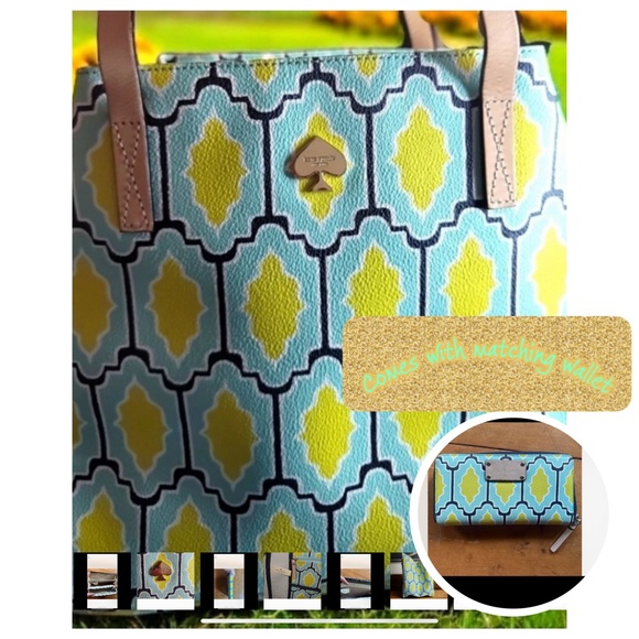 Kate Spade Blue and Yellow Patterned Tote comes with a matching wallet